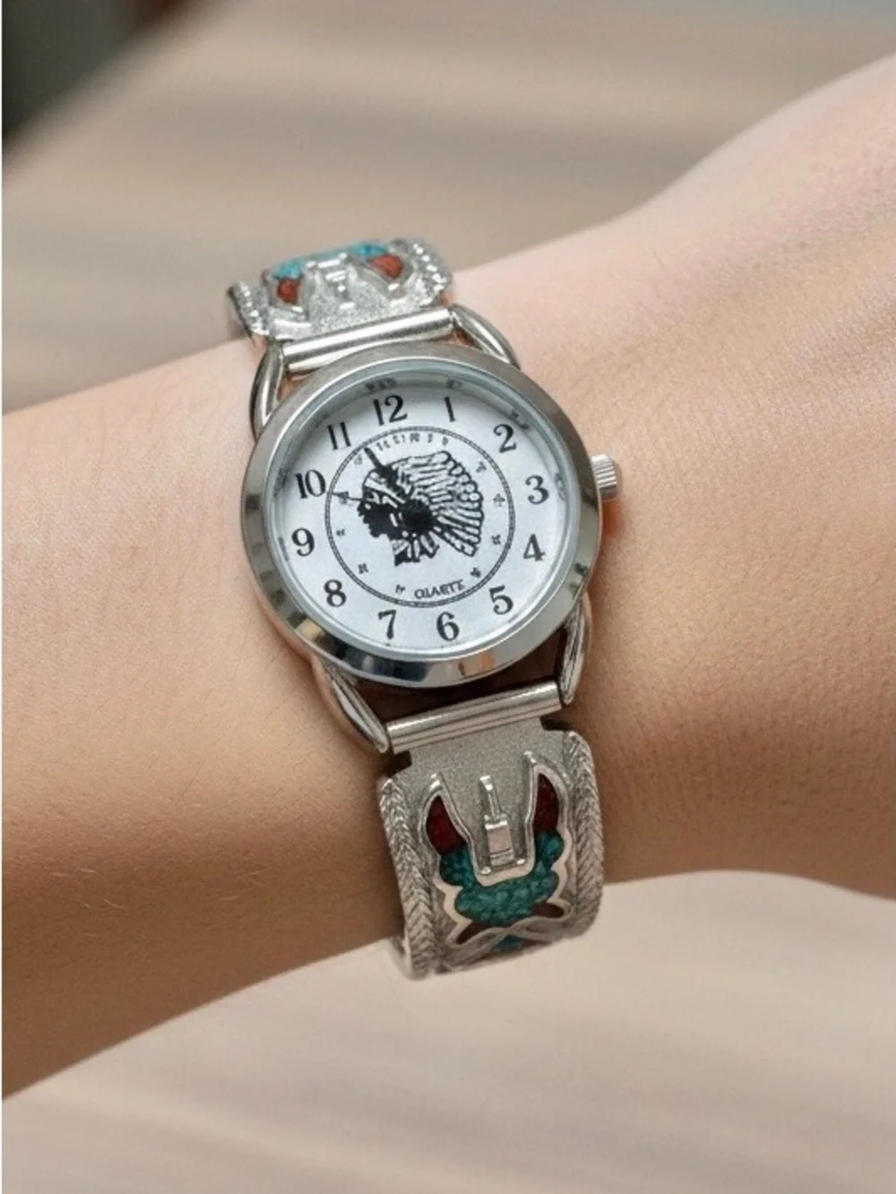 Woman’s Silver Navajo Thunderbird Turquoise/Coral Band Indian Liberty Coin Watch